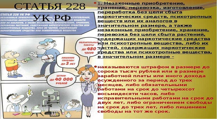 228 УК РФ - статья за наркотики: ответственность за преступление + срок, административная ответственность